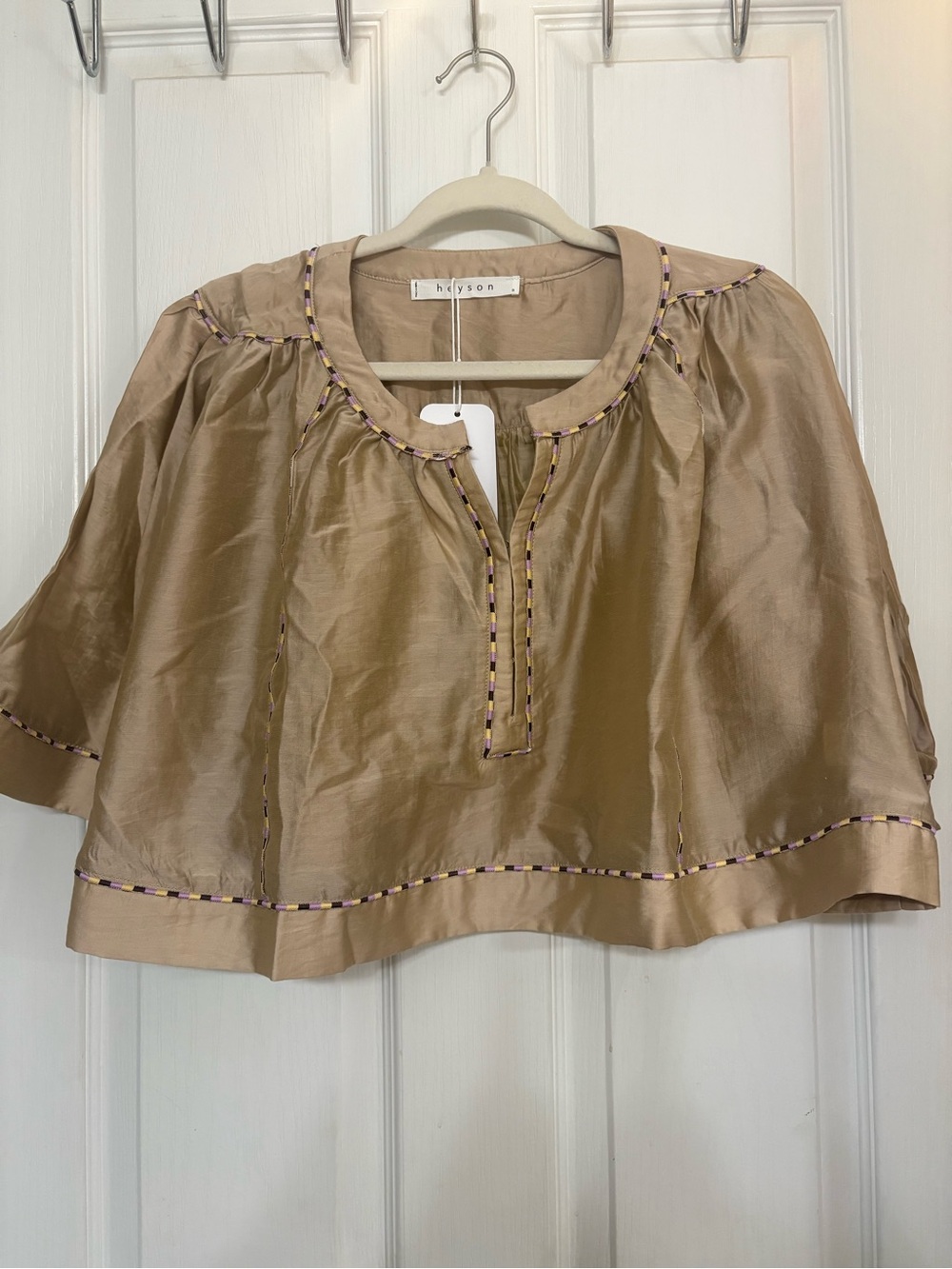 Halcyon Short-Sleeve Silk-Look Peasant Blouse in Tan
